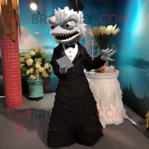 Black Barracuda mascot costume character dressed with a Wedding Dress and Wallets