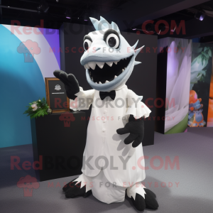 Black Barracuda mascot costume character dressed with a Wedding Dress and Wallets