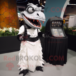 Black Barracuda mascot costume character dressed with a Wedding Dress and Wallets