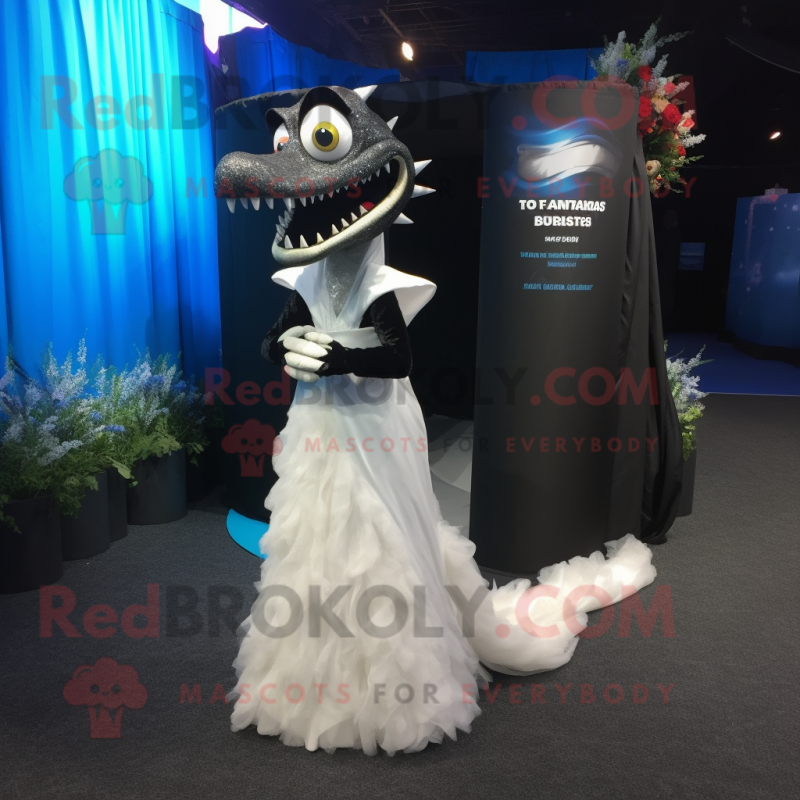 Black Barracuda mascot costume character dressed with a Wedding Dress and Wallets Black Barracuda mascot costume character dressed with a Wedding Dress and Wallets