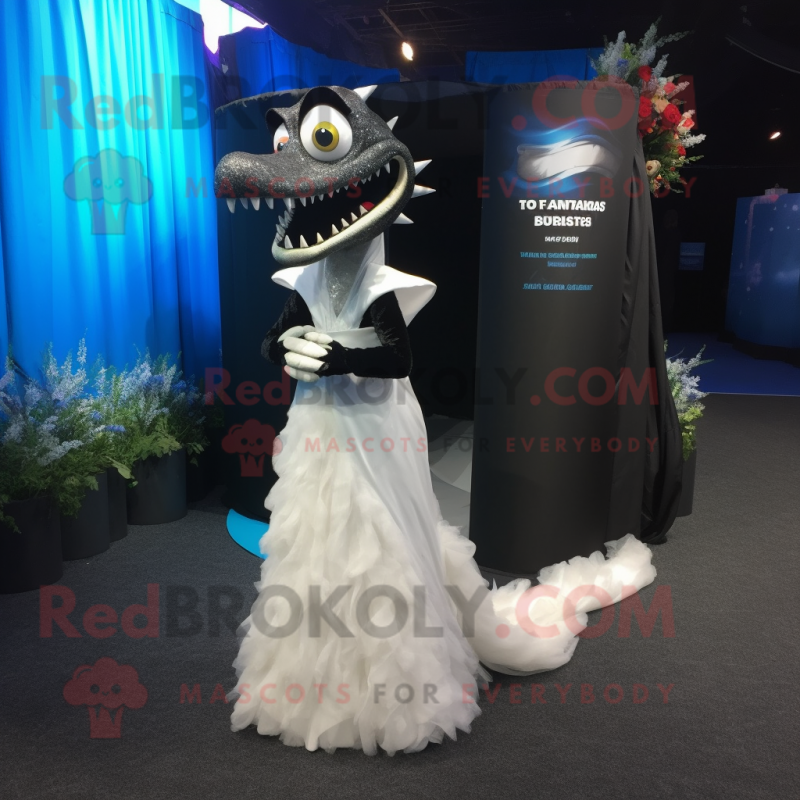 Black Barracuda mascot costume character dressed with a Wedding Dress and Wallets