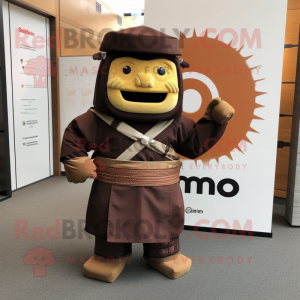 Brown Samurai mascot costume character dressed with a Empire Waist Dress and Tie pins