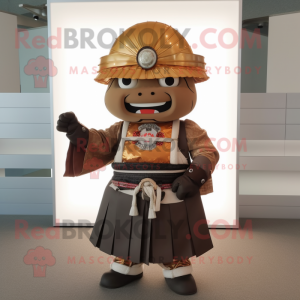 Brown Samurai mascot costume character dressed with a Empire Waist Dress and Tie pins