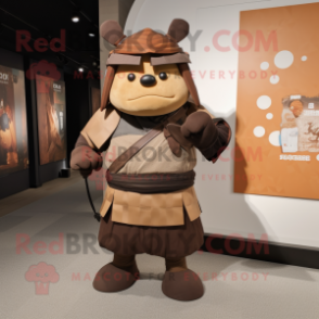 Brown Samurai mascot costume character dressed with a Empire Waist Dress and Tie pins