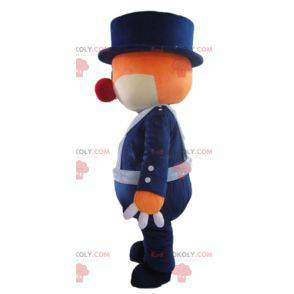 Mascote urso laranja e branco em uniforme azul - Redbrokoly.com