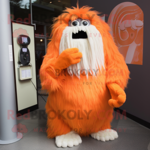 Orange Yeti mascot costume character dressed with a Wrap Dress and Earrings