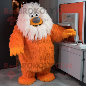 Orange Yeti mascot costume character dressed with a Wrap Dress and Earrings