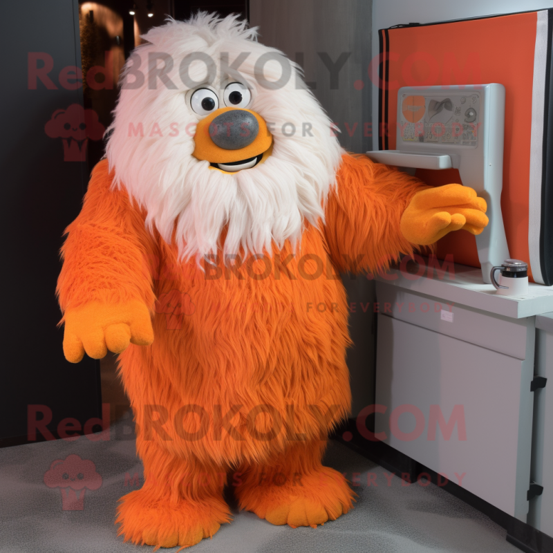 Orange Yeti mascot costume character dressed with a Wrap Dress and Earrings Orange Yeti mascot costume character dressed with a Wrap Dress and Earrings