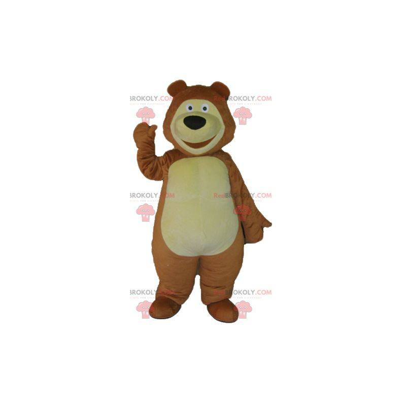 Mascote grande urso marrom e amarelo muito sorridente -