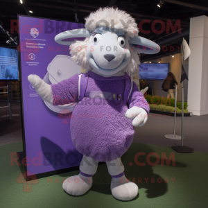 Lavender Merino Sheep mascot costume character dressed with a Dress Pants and Keychains