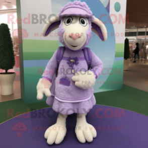 Lavender Merino Sheep mascot costume character dressed with a Dress Pants and Keychains