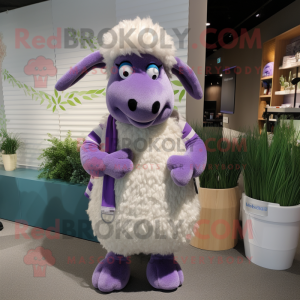 Lavender Merino Sheep mascot costume character dressed with a Dress Pants and Keychains