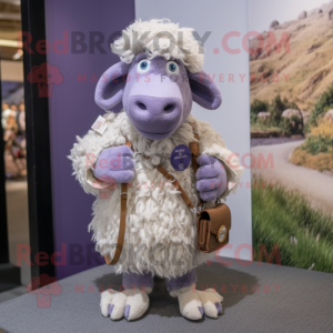 Lavender Merino Sheep mascot costume character dressed with a Dress Pants and Keychains