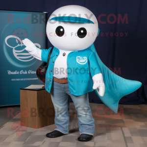 Teal Beluga Whale mascot costume character dressed with a Flare Jeans and Tie pins