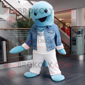 Teal Beluga Whale mascot costume character dressed with a Flare Jeans and Tie pins