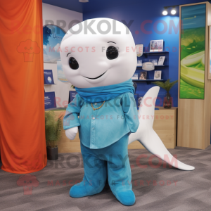 Teal Beluga Whale mascot costume character dressed with a Flare Jeans and Tie pins