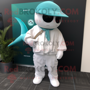 Teal Beluga Whale mascot costume character dressed with a Flare Jeans and Tie pins