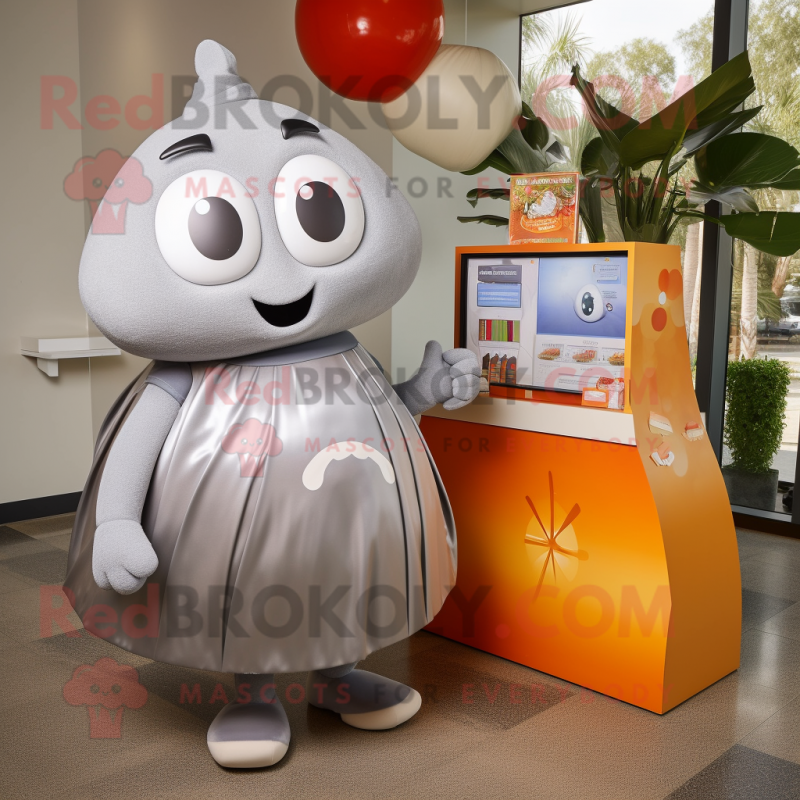 Silver Apricot mascot costume character dressed with a A-Line Skirt and Wallets Silver Apricot mascot costume character dressed with a A-Line Skirt and Wallets