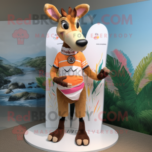 Peach Okapi mascot costume character dressed with a Board Shorts and Hair clips