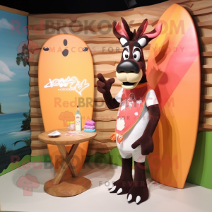 Peach Okapi mascot costume character dressed with a Board Shorts and Hair clips