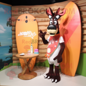 Peach Okapi mascot costume character dressed with a Board Shorts and Hair clips