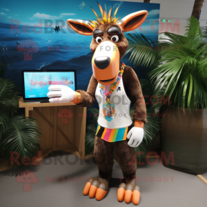 Peach Okapi mascot costume character dressed with a Board Shorts and Hair clips