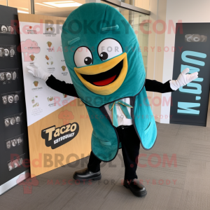 Teal Tacos mascot costume character dressed with a Blazer and Shoe clips