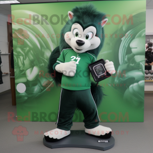 Forest Green Skunk mascot costume character dressed with a Bootcut Jeans and Digital watches