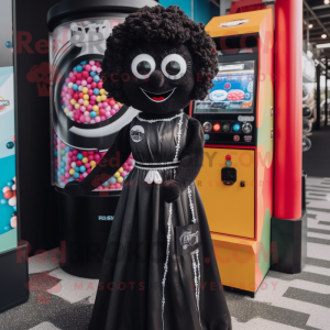 Black Gumball Machine mascot costume character dressed with a Maxi Dress and Tote bags