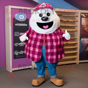 Magenta Oyster mascot costume character dressed with a Flannel Shirt and Brooches