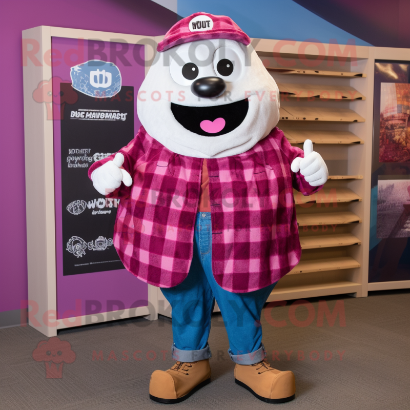 Magenta Oyster mascot costume character dressed with a Flannel Shirt and Brooches Magenta Oyster mascot costume character dressed with a Flannel Shirt and Brooches