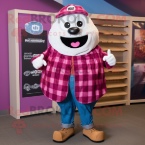 Magenta Oyster mascot costume character dressed with a Flannel Shirt and Brooches