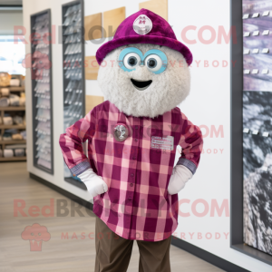 Magenta Oyster mascot costume character dressed with a Flannel Shirt and Brooches