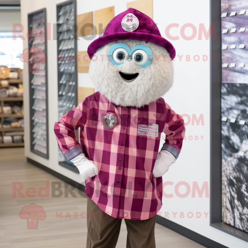 Magenta Oyster mascot costume character dressed with a Flannel Shirt and Brooches Magenta Oyster mascot costume character dressed with a Flannel Shirt and Brooches