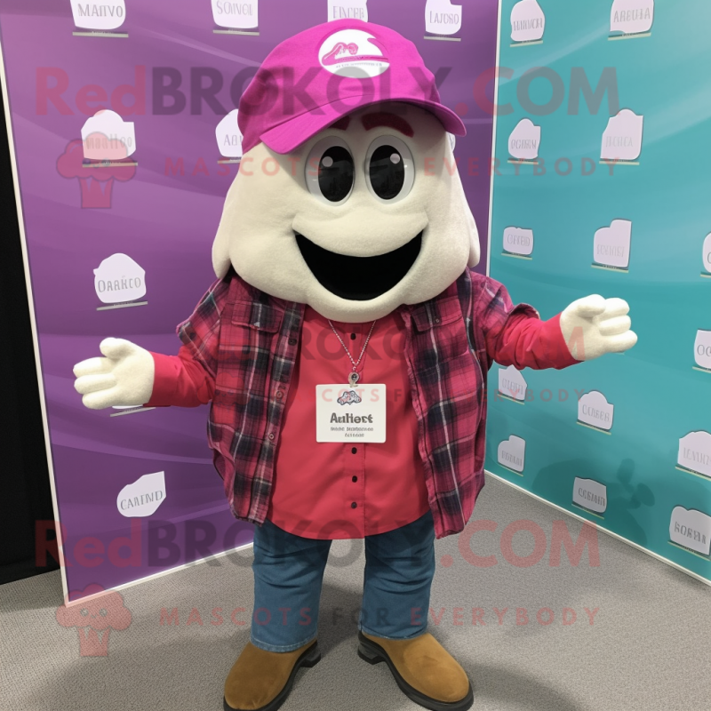 Magenta Oyster mascot costume character dressed with a Flannel Shirt and Brooches Magenta Oyster mascot costume character dressed with a Flannel Shirt and Brooches