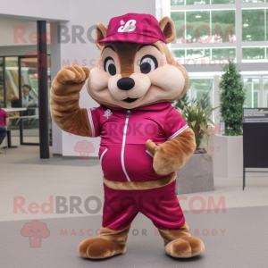 Magenta Chipmunk mascot costume character dressed with a Capri Pants and Caps