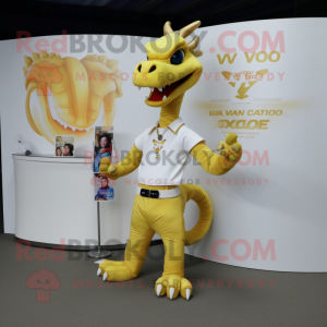 Gold Dragon mascot costume character dressed with a V-Neck Tee and Tie pins