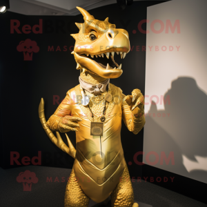 Gold Dragon mascot costume character dressed with a V-Neck Tee and Tie pins