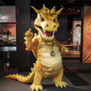 Gold Dragon mascot costume character dressed with a V-Neck Tee and Tie pins