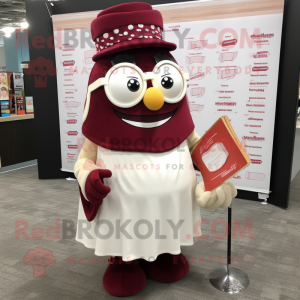 Maroon Lasagna mascot costume character dressed with a Wedding Dress and Reading glasses