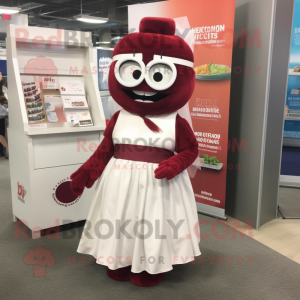 Maroon Lasagna mascot costume character dressed with a Wedding Dress and Reading glasses