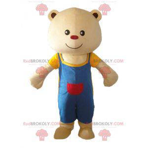Mascotte grote beige teddybeer met blauwe overall -
