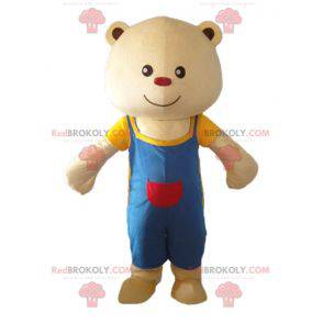 Mascotte grote beige teddybeer met blauwe overall -