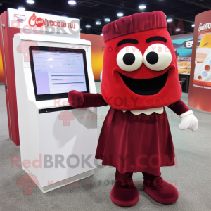 Maroon Lasagna mascot costume character dressed with a Wedding Dress and Reading glasses