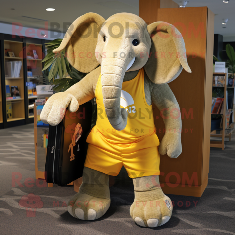Gold Elephant mascot costume character dressed with a Board Shorts and Briefcases Gold Elephant mascot costume character dressed with a Board Shorts and Briefcases