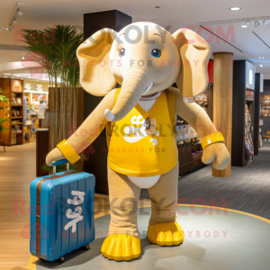 Gold Elephant mascot costume character dressed with a Board Shorts and Briefcases