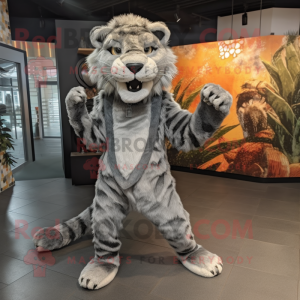 Gray Saber-Toothed Tiger mascot costume character dressed with a Jumpsuit and Ties