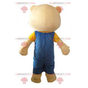 Mascote grande urso de pelúcia bege com macacão azul -