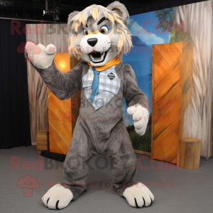 Gray Saber-Toothed Tiger mascot costume character dressed with a Jumpsuit and Ties