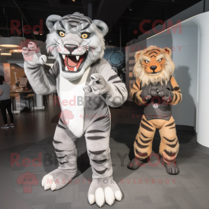 Gray Saber-Toothed Tiger mascot costume character dressed with a Jumpsuit and Ties